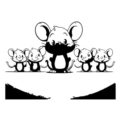 Cute cartoon mouse family. Black and white vector illustration i