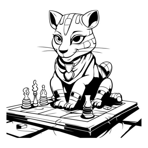 Vector illustration of a tiger playing chess. Black and white ve