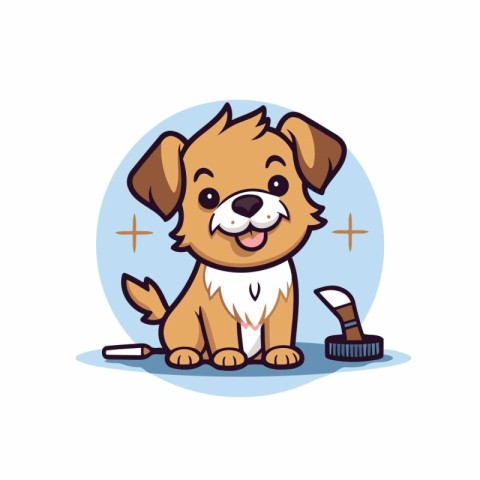 Cute cartoon dog with brush on white background. Vector illustra