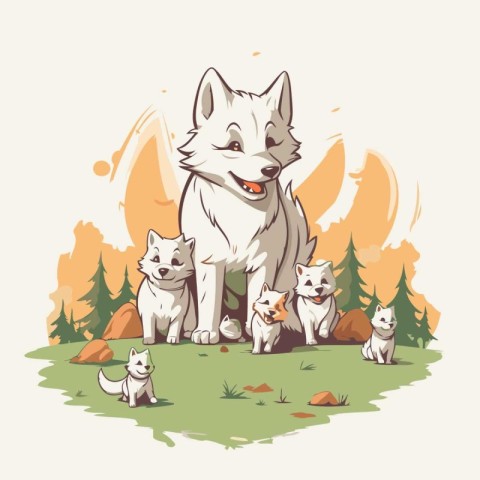 Illustration of a group of husky dogs in the forest.