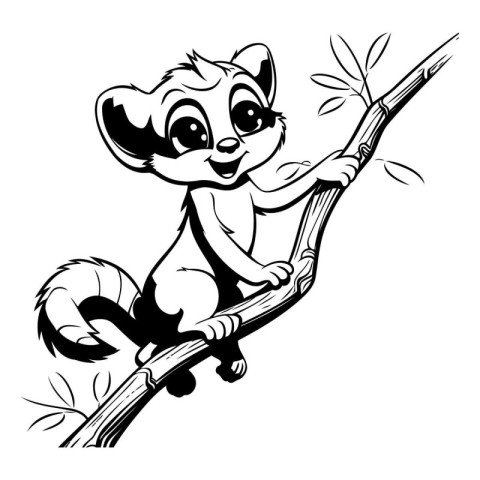 Cute cartoon lemur sitting on a branch. Vector illustration.