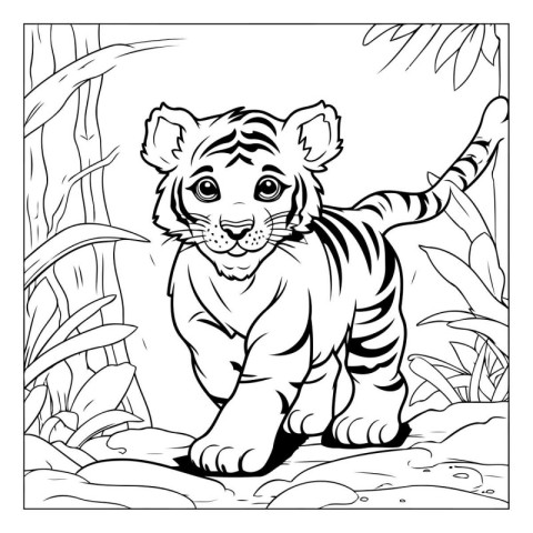 Black and white vector illustration of a tiger cub. Coloring pag