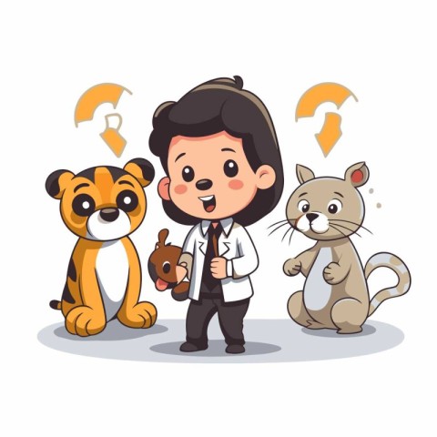 Veterinary doctor with dog and cat. Vector illustration in carto