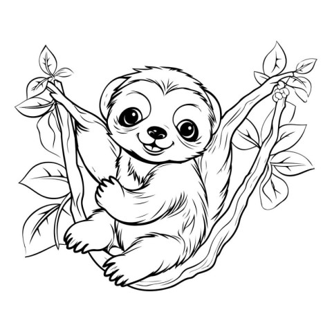 Cute cartoon sloth sitting on a tree branch. Vector illustration