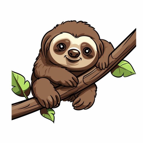 Cute cartoon sloth sitting on a branch. Vector illustration.