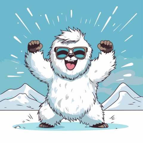 Funny white dog with sunglasses in the snow. Vector illustration