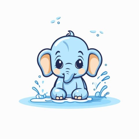 Cute baby elephant playing in water. Vector flat cartoon illustr