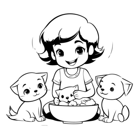 Cute little girl feeding her kittens in bowl. Vector illustratio