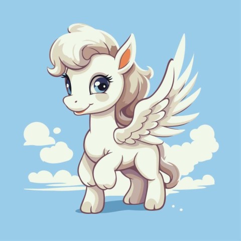 Cute cartoon white unicorn with wings and clouds. Vector illustr