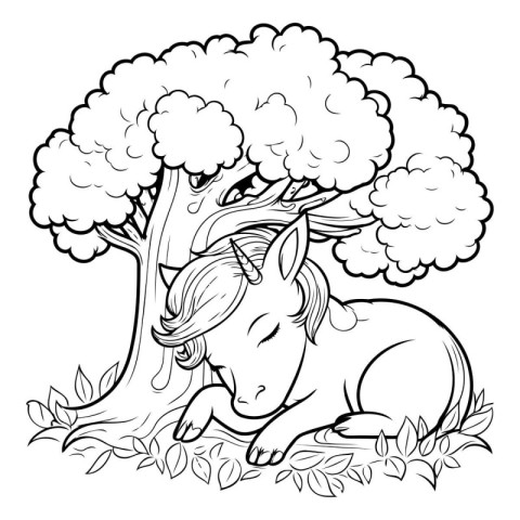 Unicorn in the forest. black and white vector illustration.