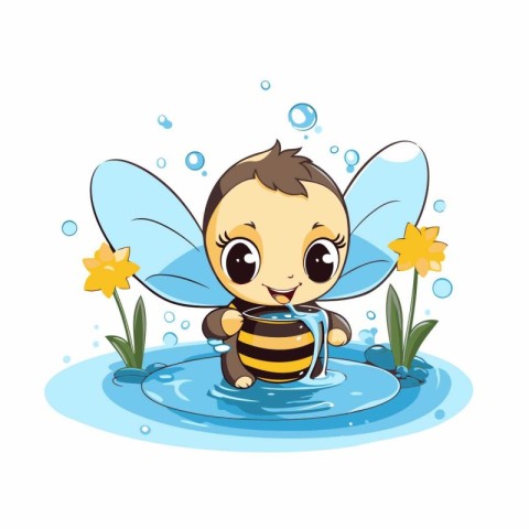 Cute little bee in the water with honey. Vector illustration.