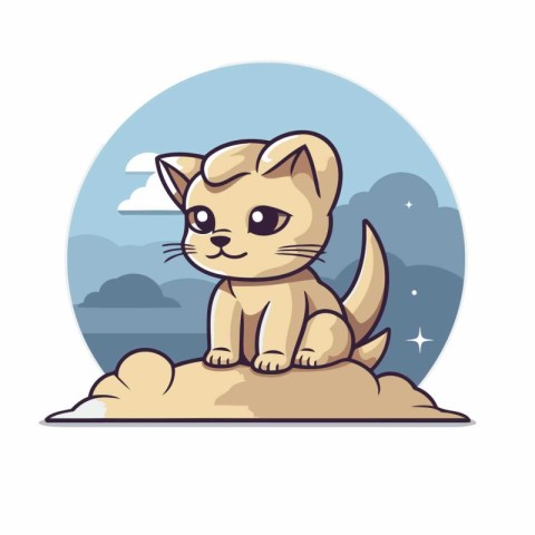 Cute cartoon cat sitting on the rock. Vector illustration in fla