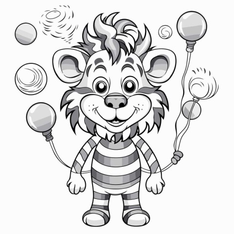 Illustration of a cartoon lion with balloons on a white backgrou