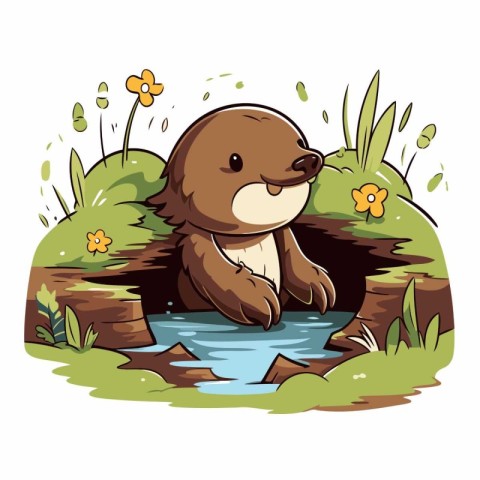 Illustration of a Cute Little Brown Otter in a Pond