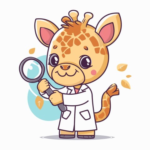 Cute giraffe doctor with magnifying glass. Vector illustration.