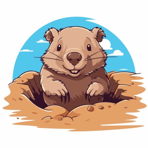 Vector illustration of a beaver sitting in the sand. Cartoon sty