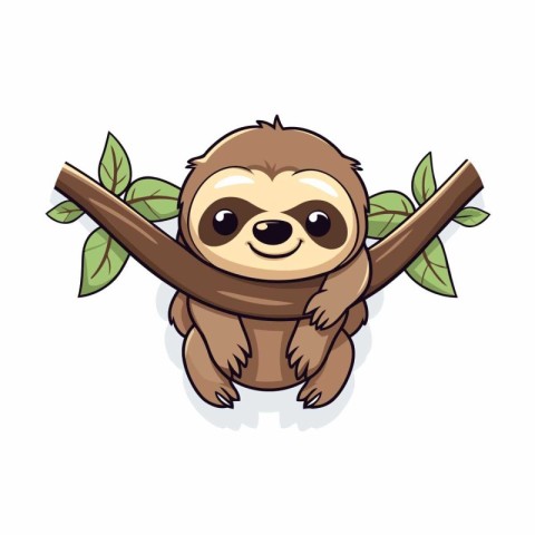 Cute cartoon sloth hanging on a branch. Vector illustration.