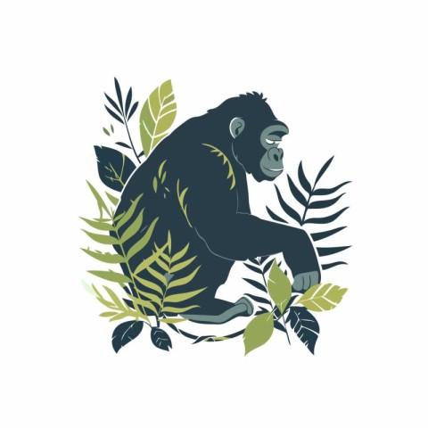 Chimpanzee sitting on a branch with leaves. Vector illustration