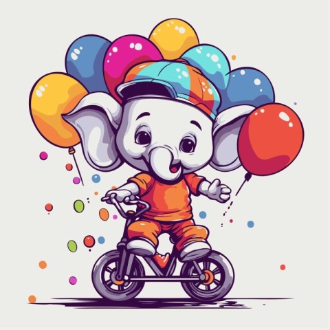 Cute elephant riding a scooter with balloons. Vector illustratio