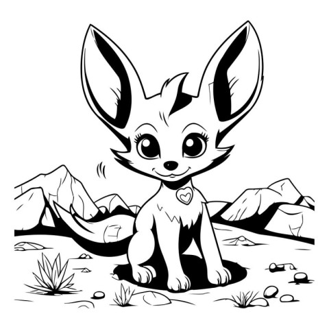 Cute Cartoon Fox - Black and White Vector Illustration. Isolated