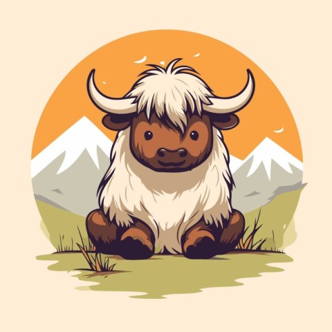 Yak sitting on the grass in the mountains. Vector illustration.