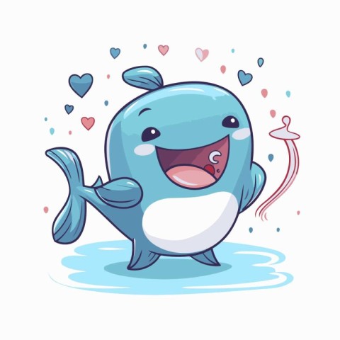 Cute cartoon whale with hearts isolated on white background. Vec