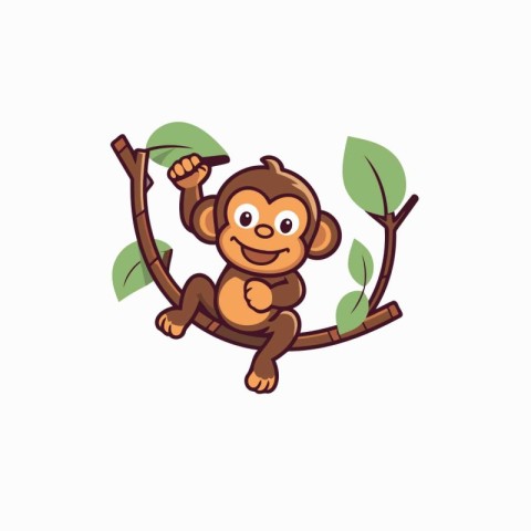 Cute cartoon monkey on a tree branch. Vector illustration in a f