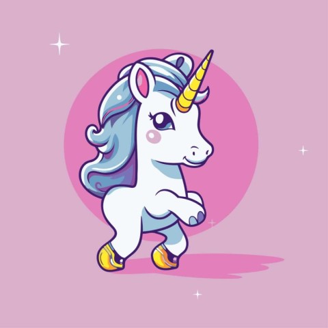 Cute cartoon unicorn on purple background. Vector illustration f