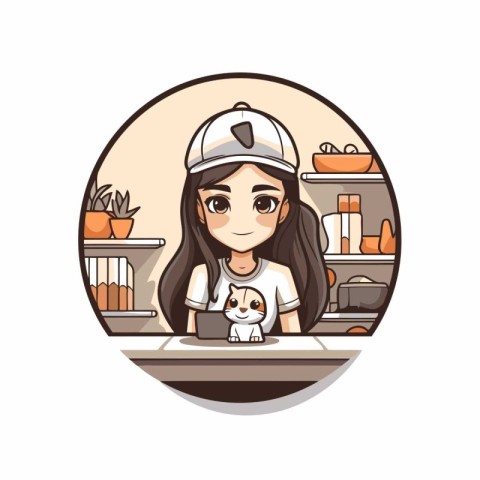 Girl with a dog in the kitchen. Vector illustration in cartoon s