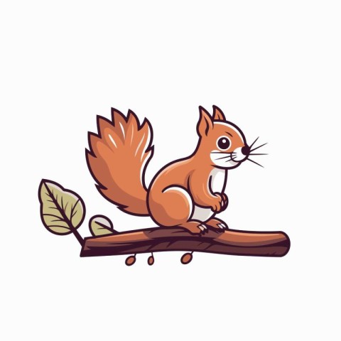 Cute squirrel sitting on a tree branch. Vector cartoon illustrat
