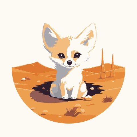 Cute little fox sitting on the ground. Vector illustration in ca