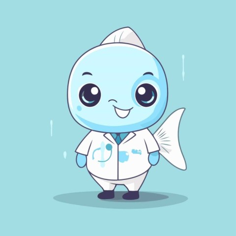 Cartoon cute smiling fish in a lab coat. Vector illustration.