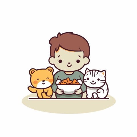 Cute boy with cat and dog eating food. Vector illustration.