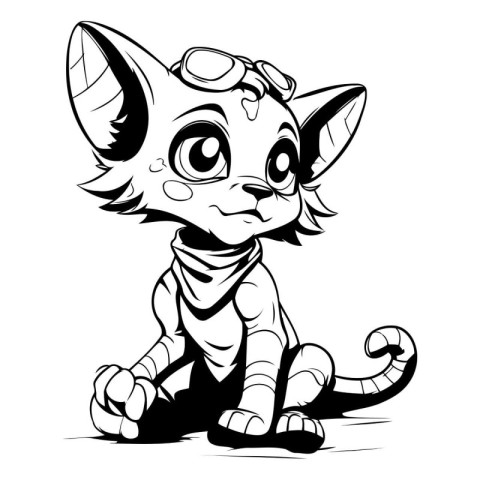 Black and White Cartoon Illustration of Cute Cat Mascot Characte