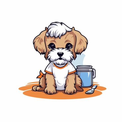 Cute cartoon dog with a glass of water. Vector illustration.