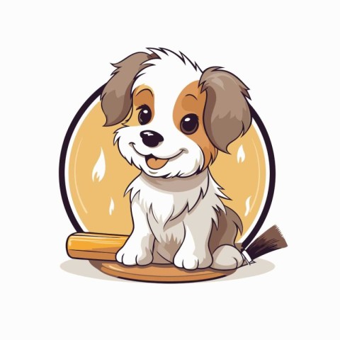 Cute cartoon dog sitting on a wooden plate. Vector illustration.