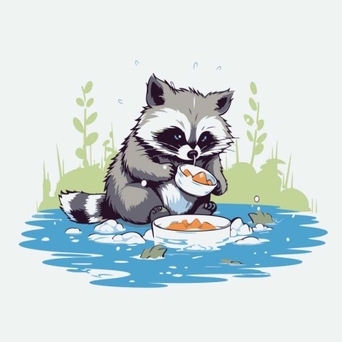 Raccoon eating a piece of bread in the water. Vector illustratio