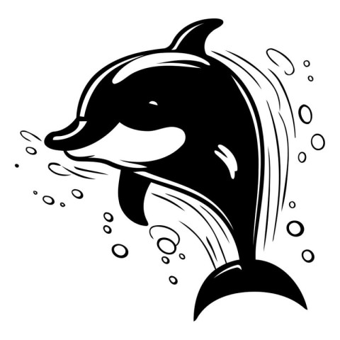 Dolphin jumping out of the water. Black and white vector illustr