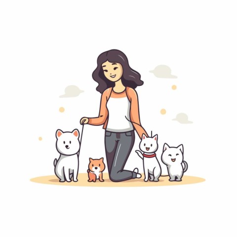 Woman walking with her pets. Vector illustration in cartoon styl