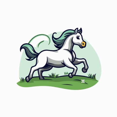 Vector illustration of a white horse running on a green meadow.