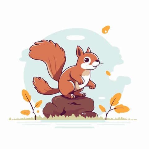 Squirrel sitting on a rock in the park. Vector illustration.