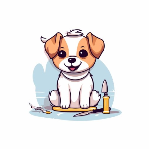 Cute cartoon dog sitting next to a bullet. Vector illustration.