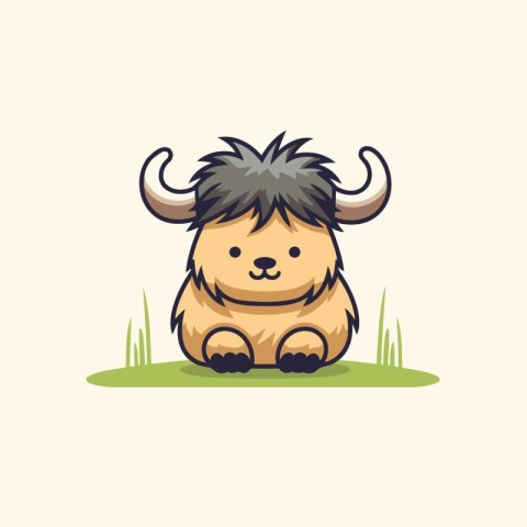 Vector illustration of a cute little yak sitting on the grass. C