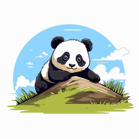 Cute panda sitting on a hill. Vector cartoon illustration.