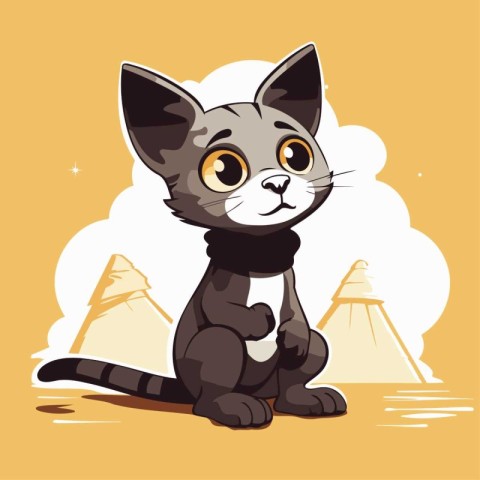 Cartoon cat sitting on the beach. Vector illustration of a cute