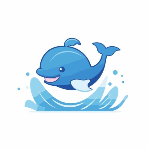 Cute cartoon blue whale jumping out of the water. Vector illustr