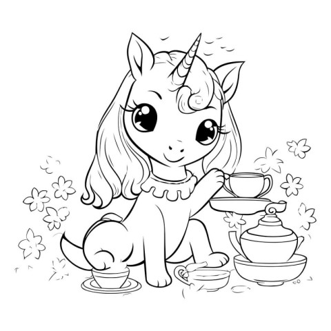 Cute unicorn with a cup of tea. Coloring book for children.