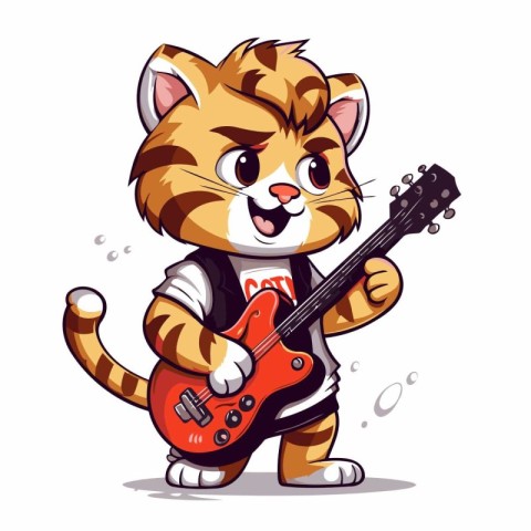 Cute little tiger playing the electric guitar. Cartoon vector il