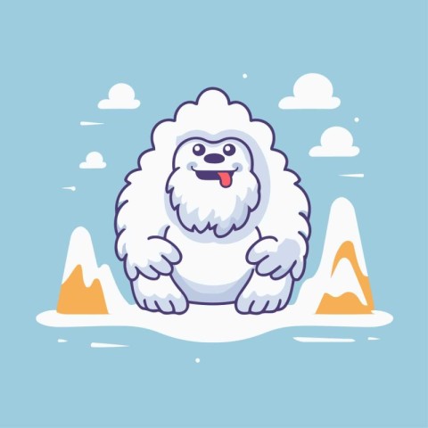 Cute cartoon white lion sitting on the snow. Vector illustration