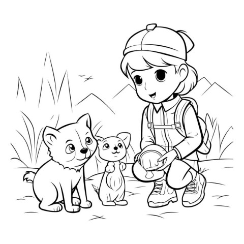 Outline of a boy and his cat. Vector illustration for coloring b